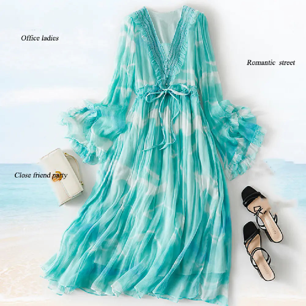The Silk Mulberry V-Neck Bead Luxury Dress - Front View