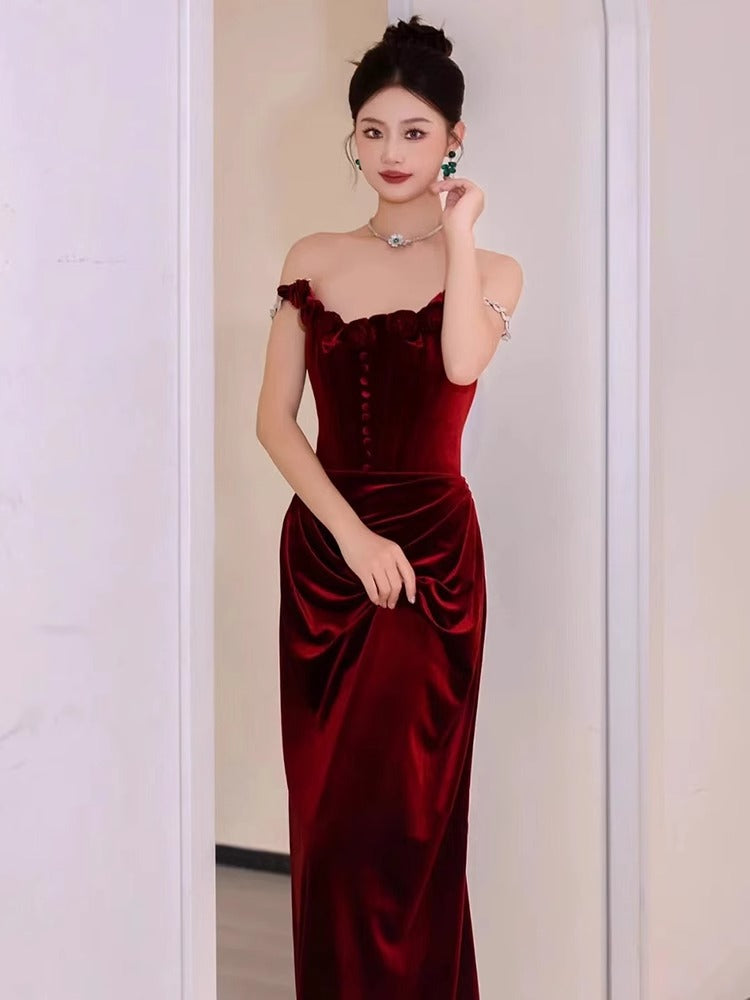 The Claret Velvet Engagement Dress - Detail 3