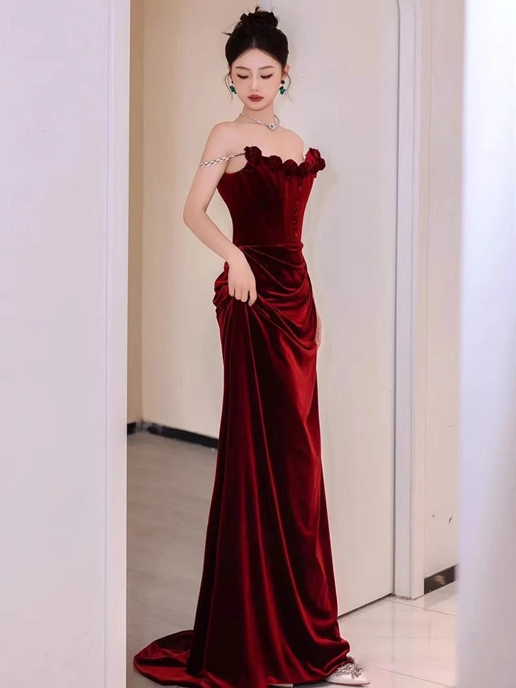 The Claret Velvet Engagement Dress - Detail 2
