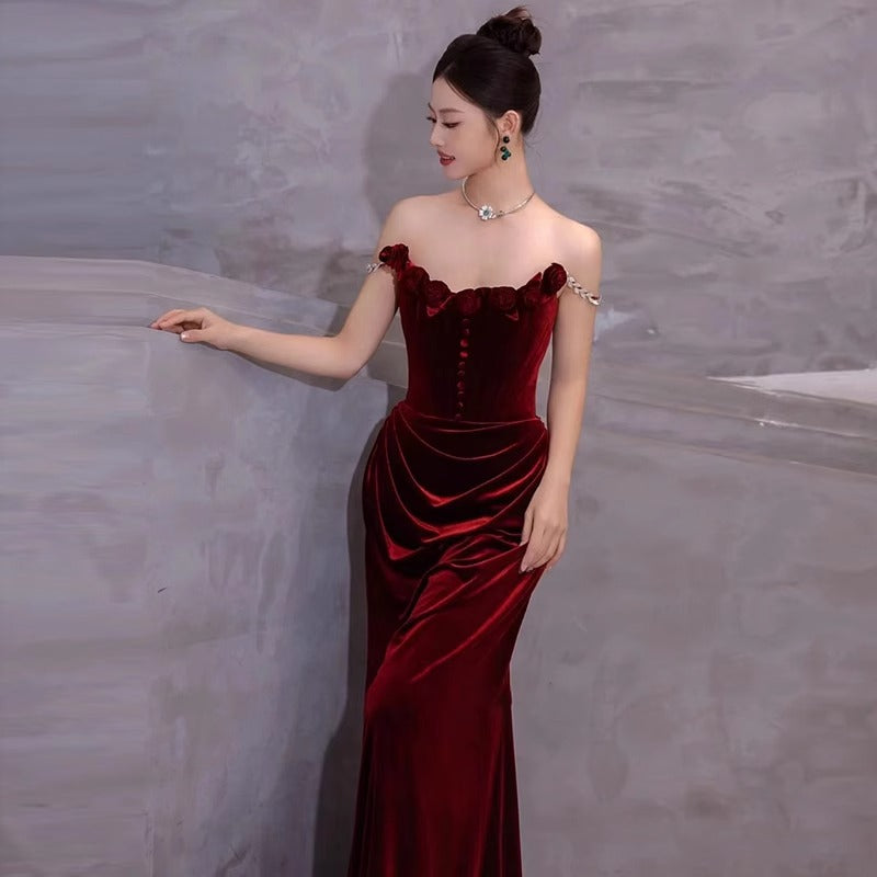 The Claret Velvet Engagement Dress - Detail 1